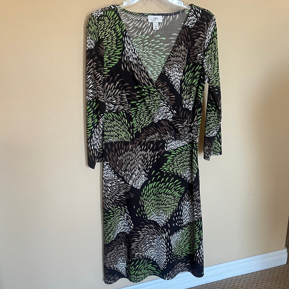 LOFT Black, Green & White Faux-Wrap Long Sleeve Dress